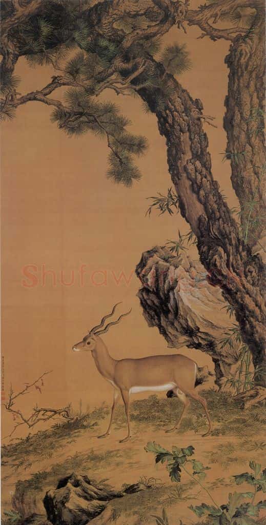 清 郎世宁《郎世宁松石羚羊图轴》书画作品