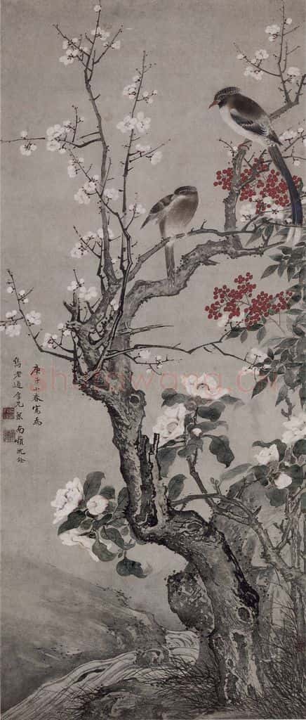 清 沈铨《沈铨梅雀山茶图轴》书画作品