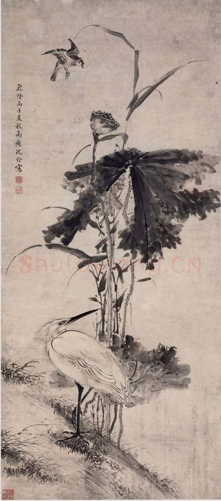 清 沈铨《沈铨荷花鹭鸶图轴》书画作品
