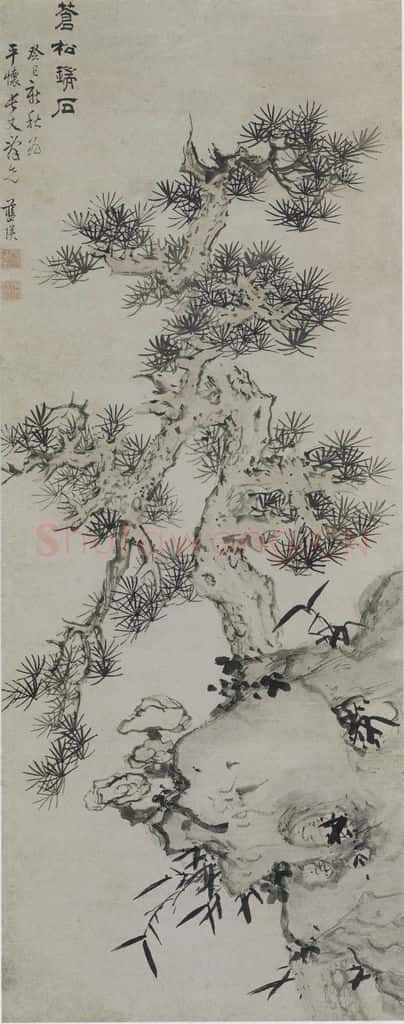 明 蓝瑛《蓝瑛苍松瑞石图轴》书画作品