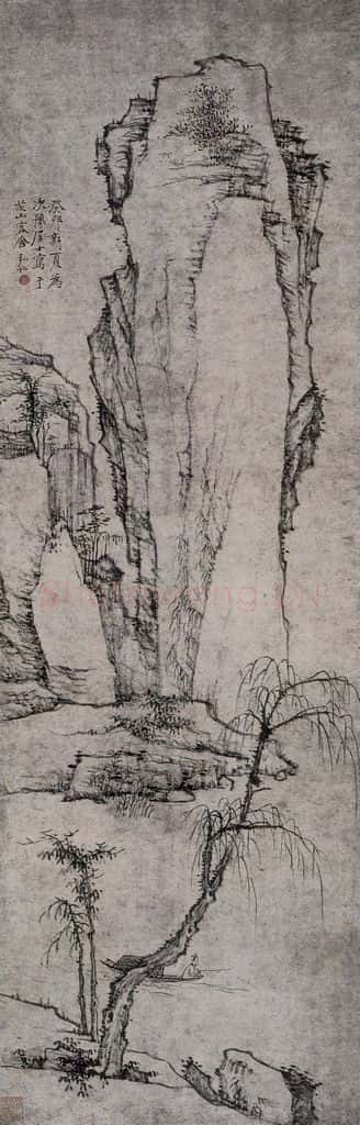 清 弘仁《弘仁秋柳孤棹图轴》书画作品
