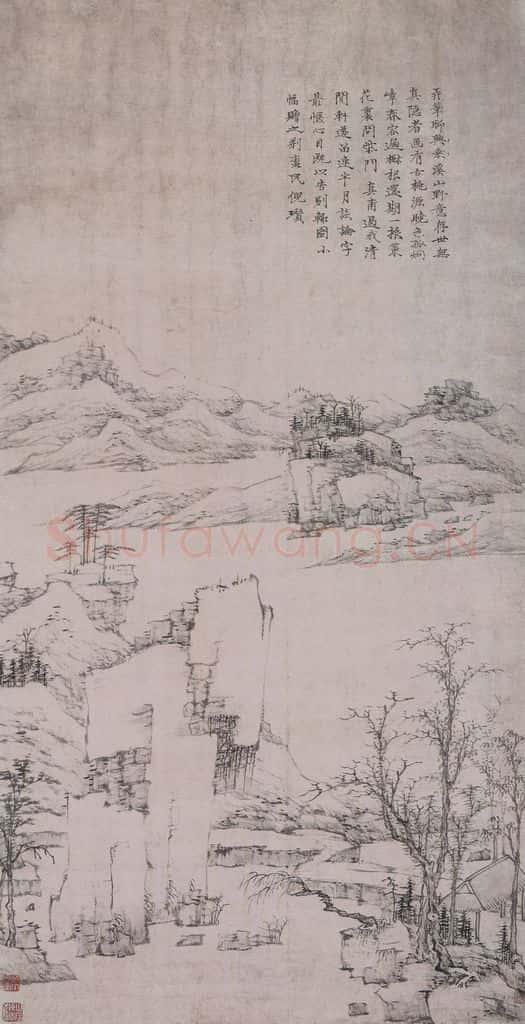 清 弘仁《弘仁仿云林溪山野意图轴》书画作品