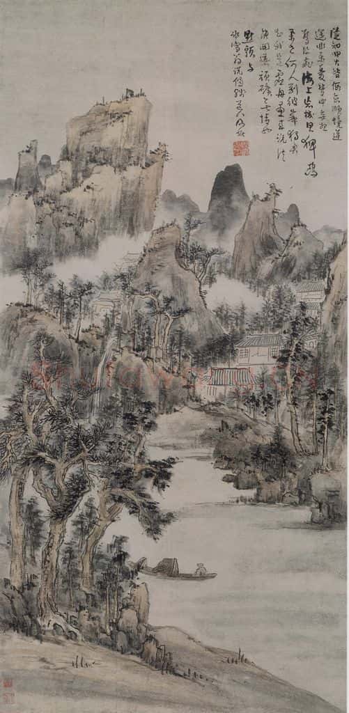 清 髡残《髡残江寺孤舟图轴》书画作品