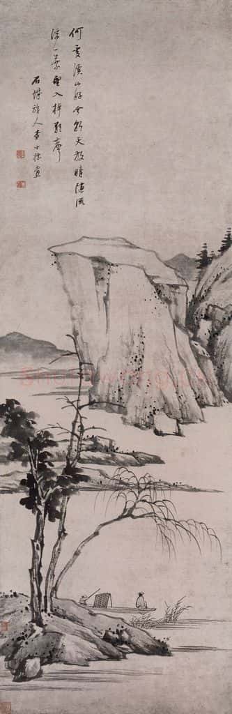 清 查士标《查士标溪山放棹图轴》书画作品
