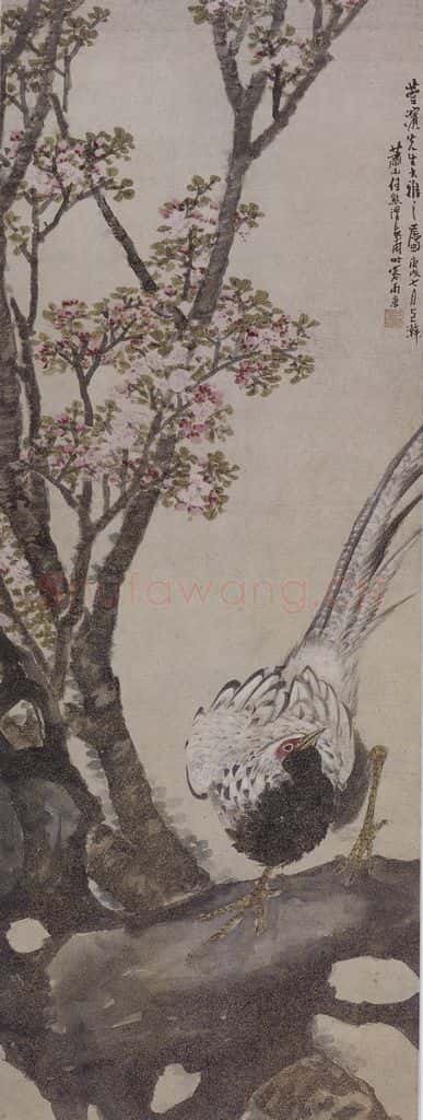 清 任熊《任熊桃花锦鸡图轴》书画作品