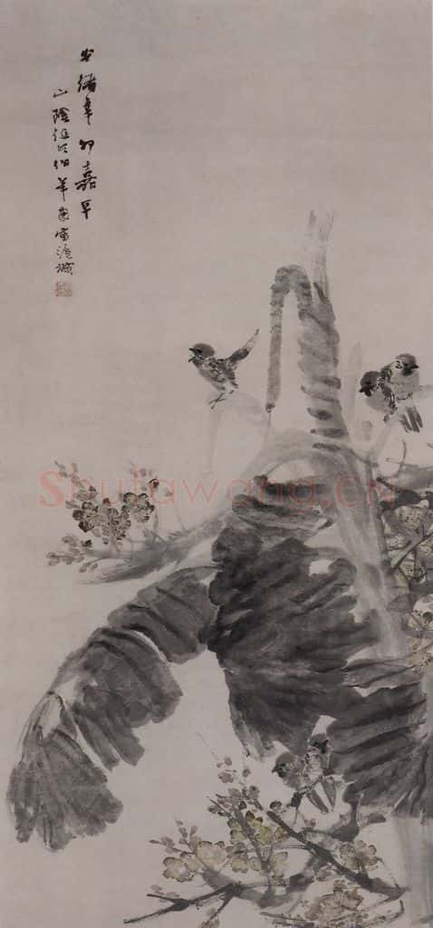 清 任颐《任颐芭蕉小鸟图轴》书画作品