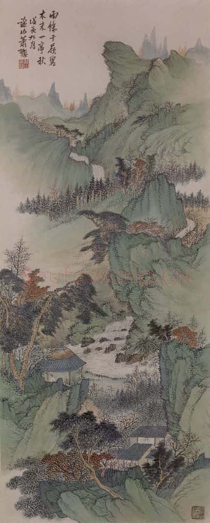 1928年 萧逊《萧逊秋亭碧岭图轴》书画作品