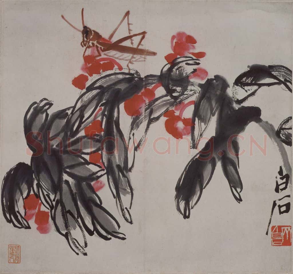现代 齐璜《齐璜凤仙蝗虫图轴》书画作品