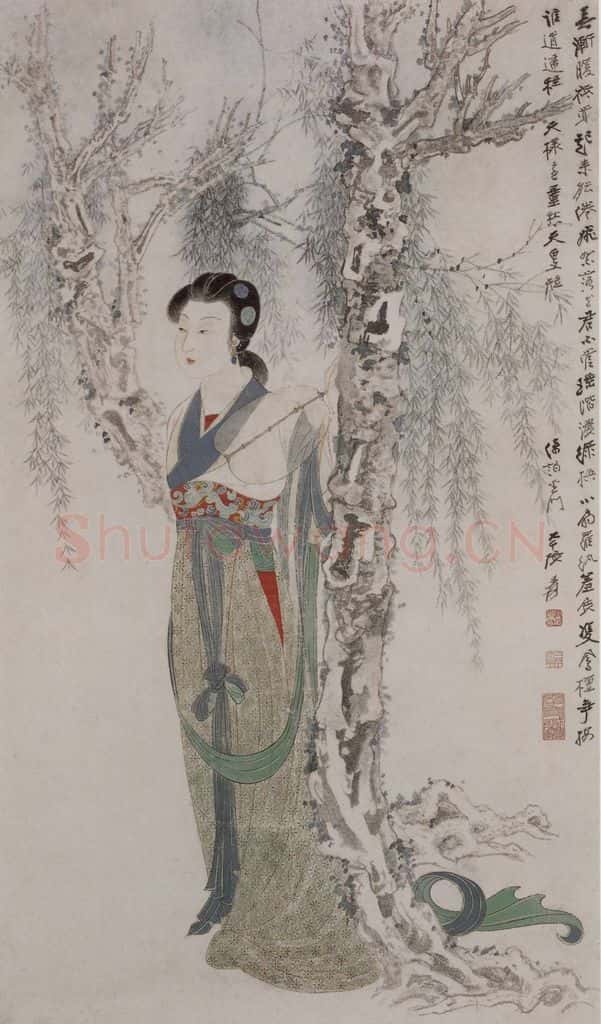 现代 张大千《张大千柳荫仕女图轴》书画作品