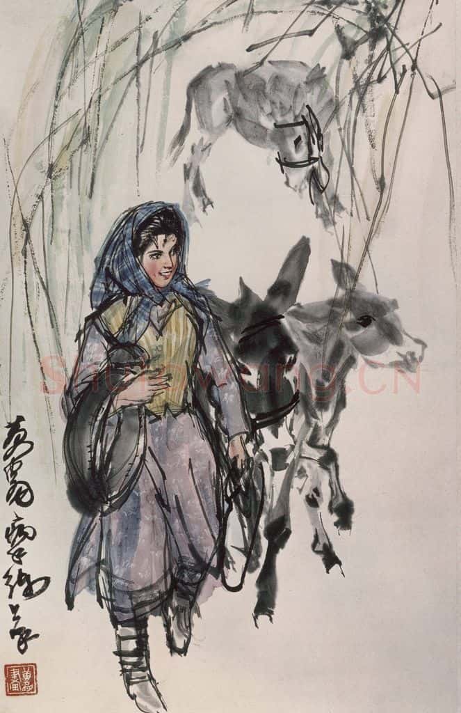 现代 黄胄《黄胄维族姑娘牵驴图轴》书画作品