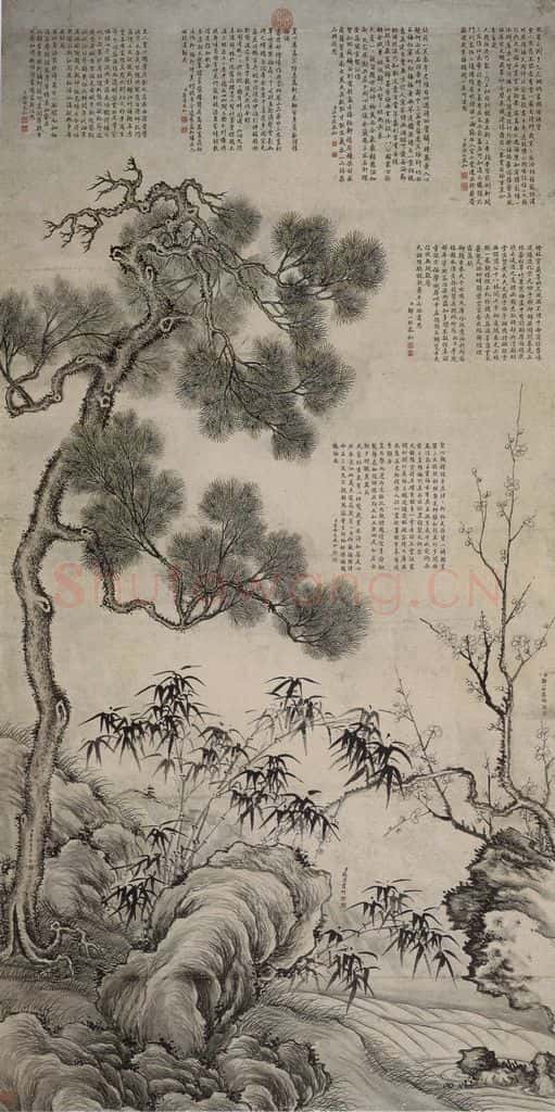 清 董邦达《董邦达、鄒一桂,蒋溥合绘三友图轴》书画作品