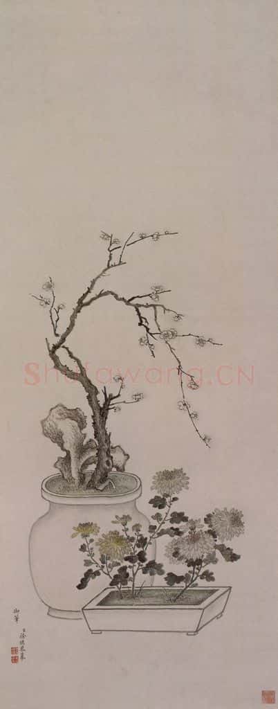 清 徐扬《徐扬梅兰盆景图轴》书画作品