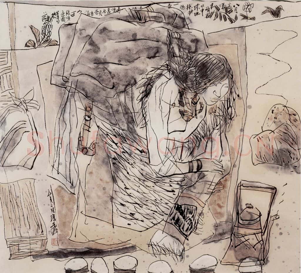 1995年 方增先《有客自远方来》书画作品