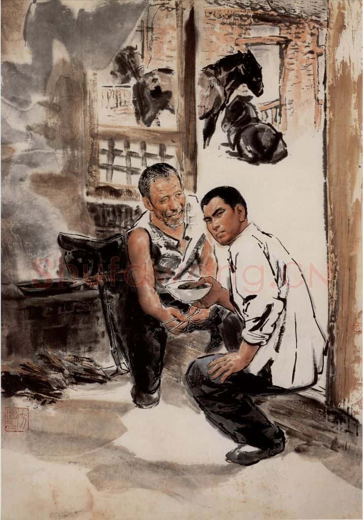 1975年 方增先《马老四和肖长春《艳阳天》插话之三》书画作品