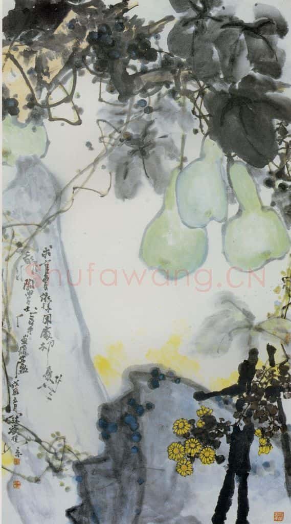 1988年 高冠华 葫芦、黄菊 书画作品