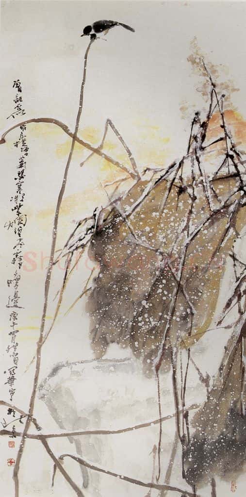 1990年 高冠华 飞雪、小鸟 书画作品