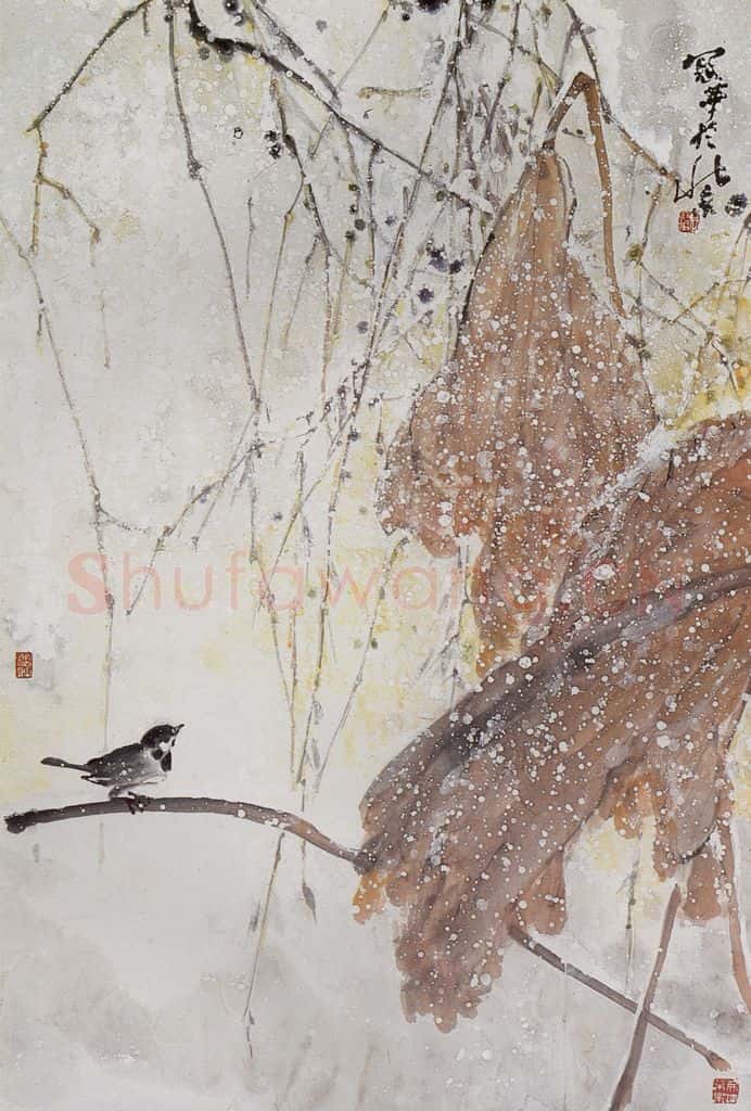 1990年 高冠华 雪柳、小鸟 书画作品
