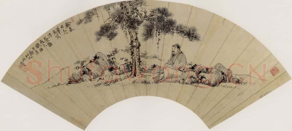 清 华岩《松荫观鹤图》书画作品