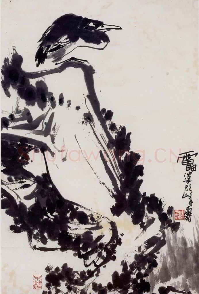 1960年代 潘天寿《鸟石图轴》书画作品