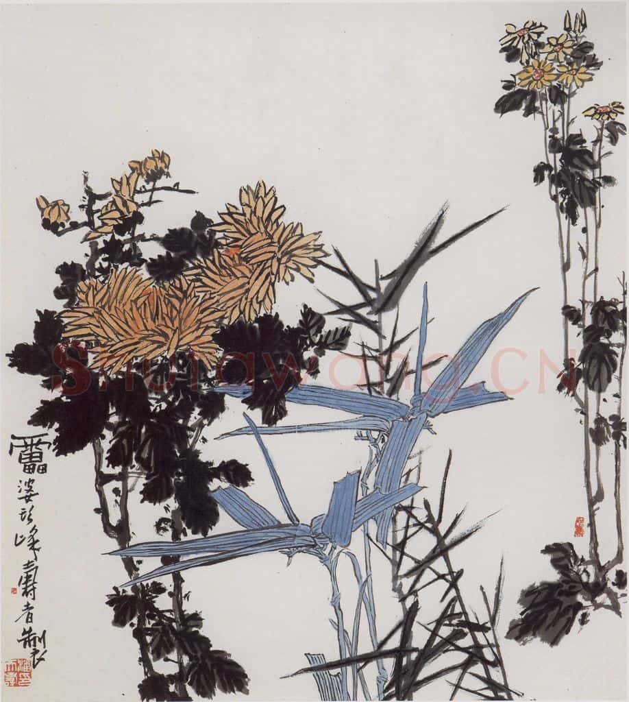 1960年代 潘天寿《菊竹图轴》书画作品