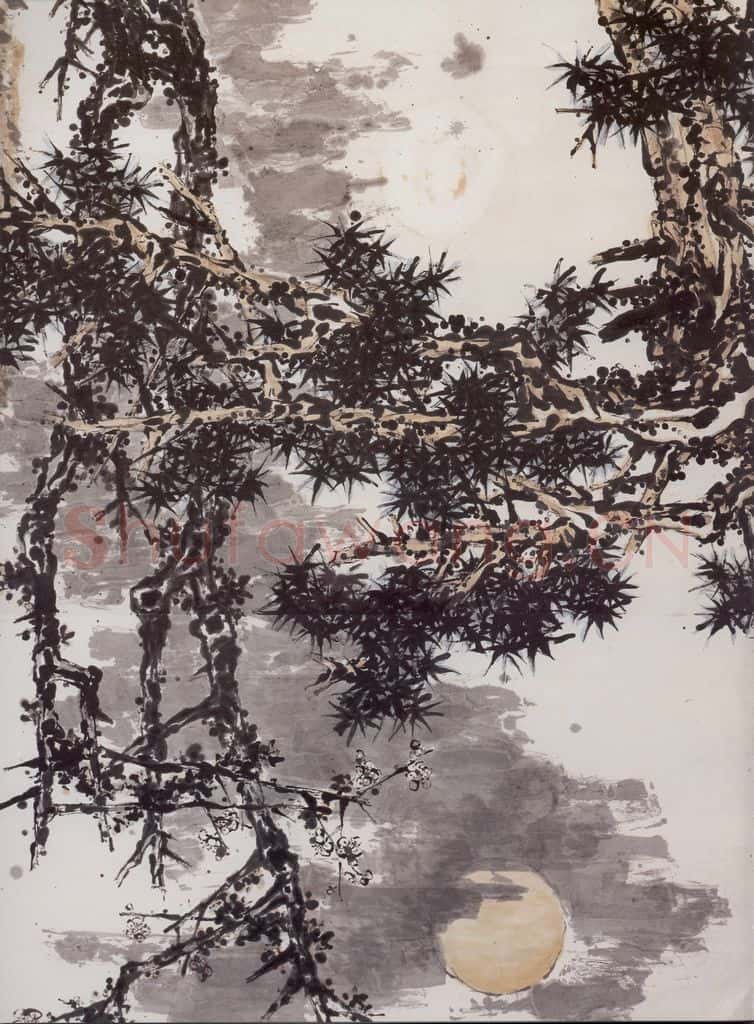 1960年代 潘天寿《松石梅月图轴》书画作品