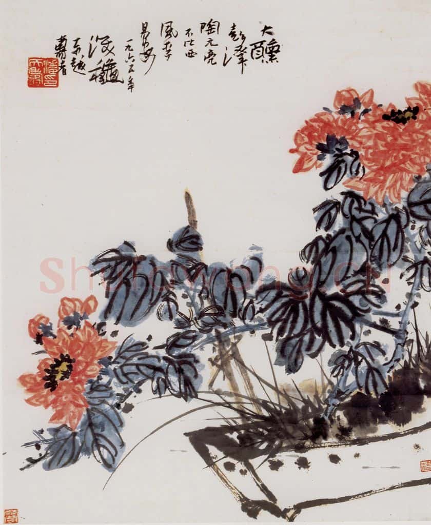 1965年 潘天寿《红菊熏风图轴》书画作品