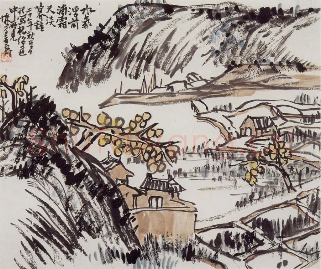 1931年 潘天寿《霜天暮钟图》书画作品