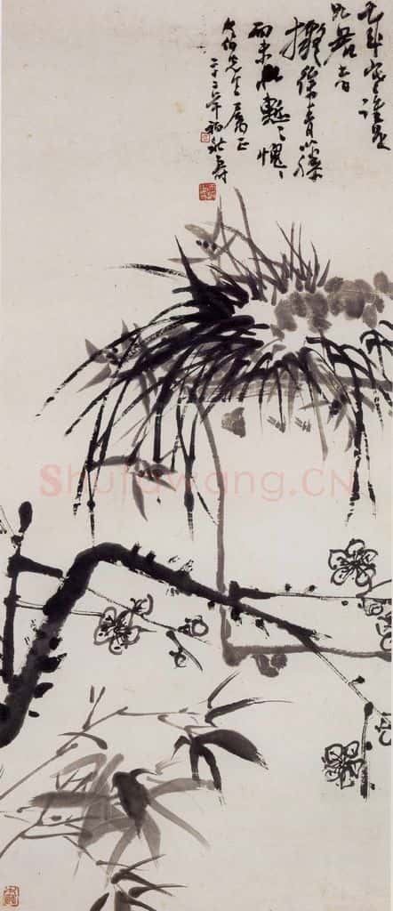 1933年 潘天寿《梅兰竹图轴》书画作品