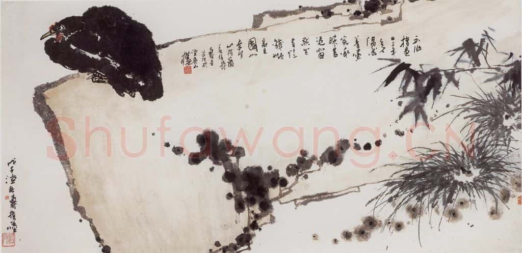1948年 潘天寿《磐石墨鸡图轴》书画作品