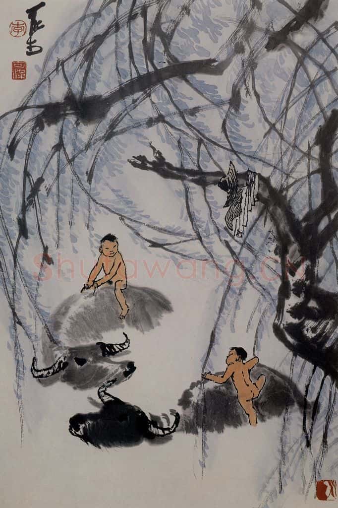 1975年 李可染《柳荫浴牛》书画作品