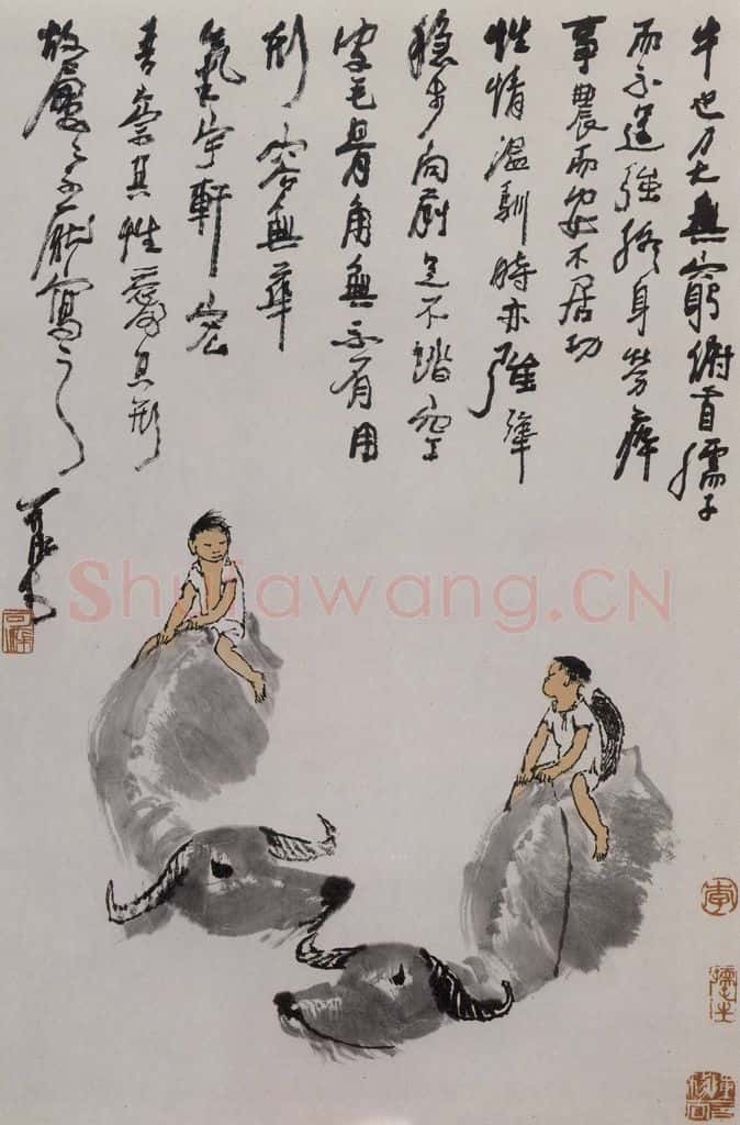 1979年 李可染《渡牛图》书画作品