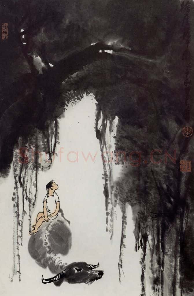 1984年 李可染《榕荫渡牛图》书画作品