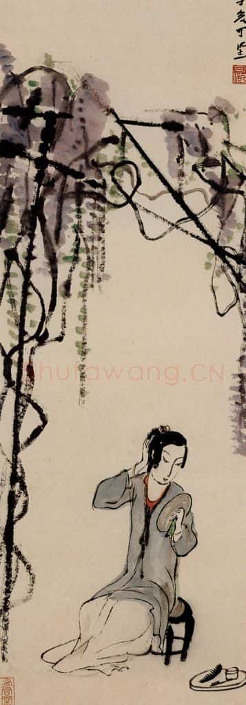 1947年 李可染《藤架美人》书画作品
