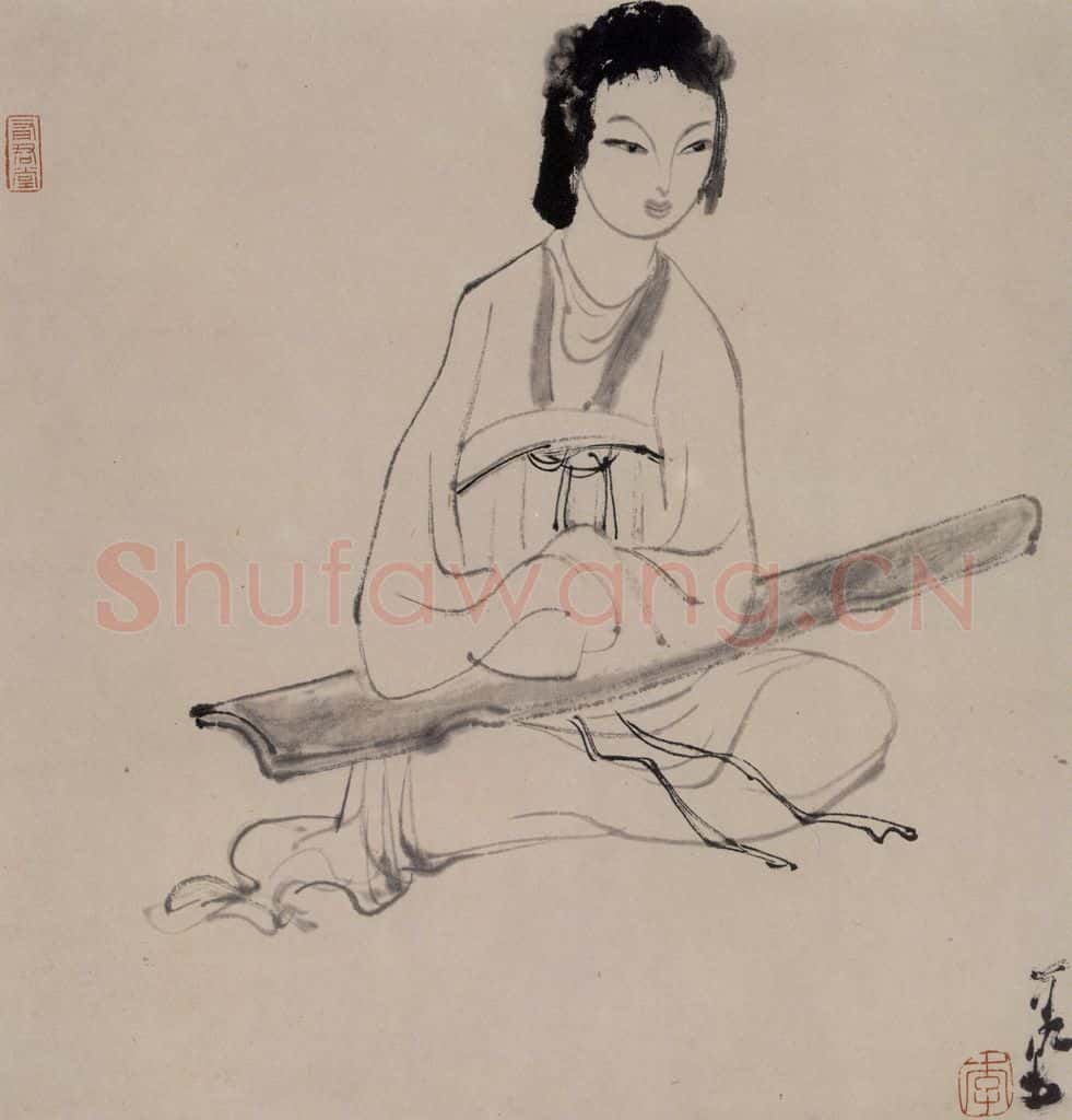李可染《抱琴仕女》书画作品