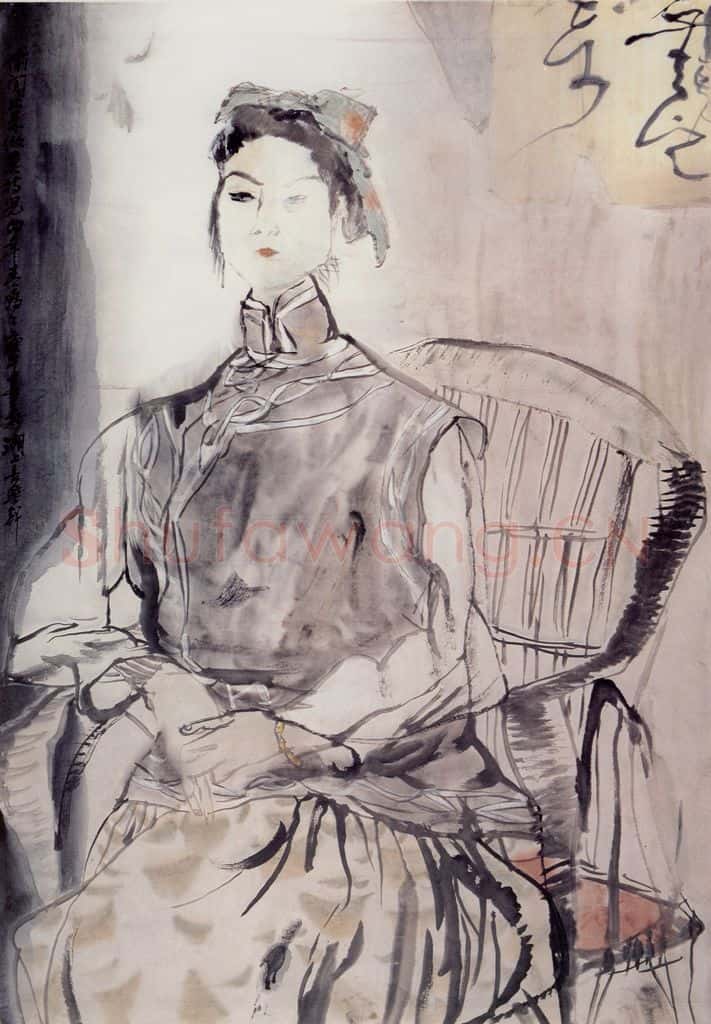 1990年 刘国辉《穿民族服装的模特儿》书画作品
