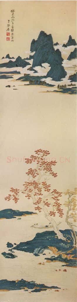  张大千《仿宋人沈子蕃缂丝山水》书画作品