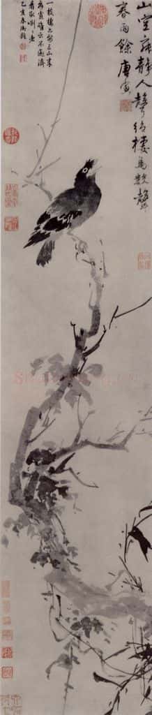 明 唐寅 枯槎鸜谷鵒图轴 书画作品