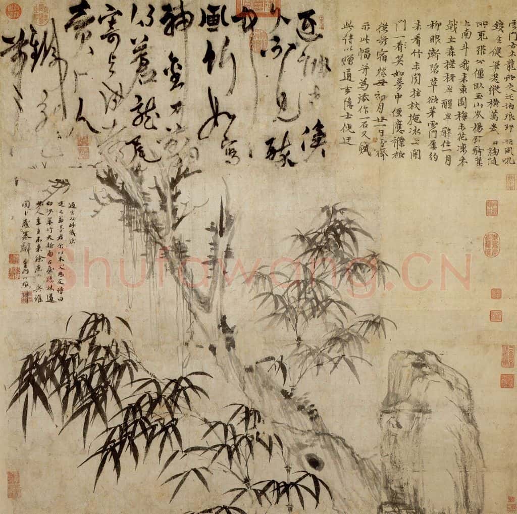 元 顾安《合作古木竹石》书画作品