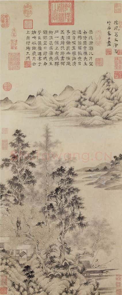 元 马琬《秋林钓艇图》书画作品