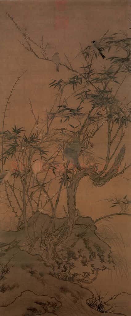 宋 宋人《梅竹聚禽图》书画作品