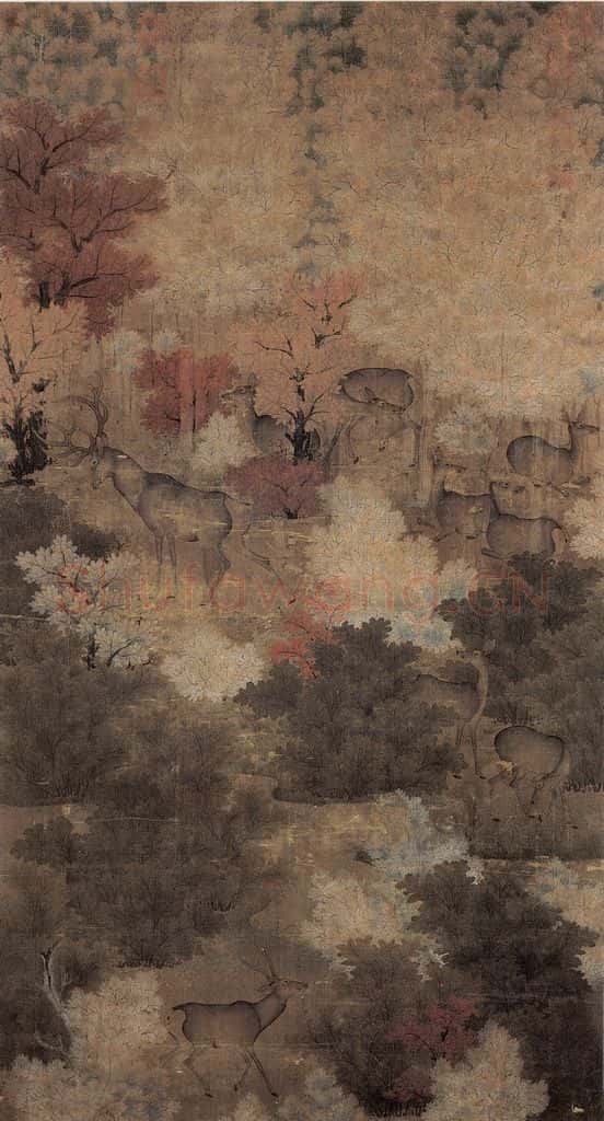 五代 《秋林群鹿图》书画作品