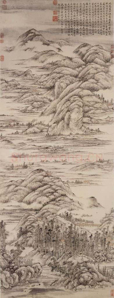 清 方士庶《仿董源夏山烟霭图》书画作品