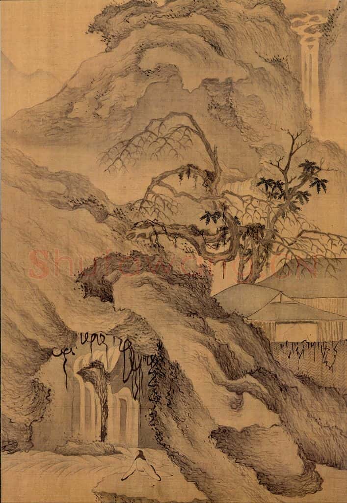 清 沈颢《画悬崖垂瀑》书画作品