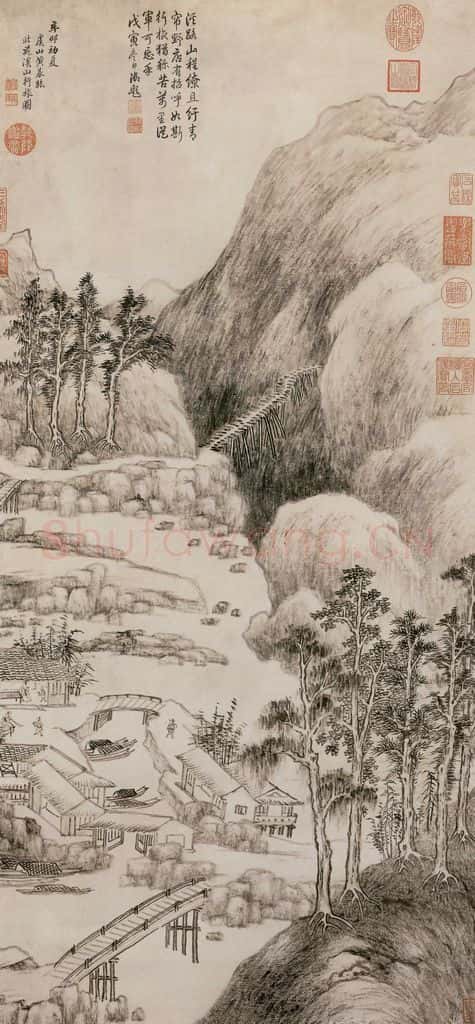 清 黄鼎《溪山行旅》书画作品