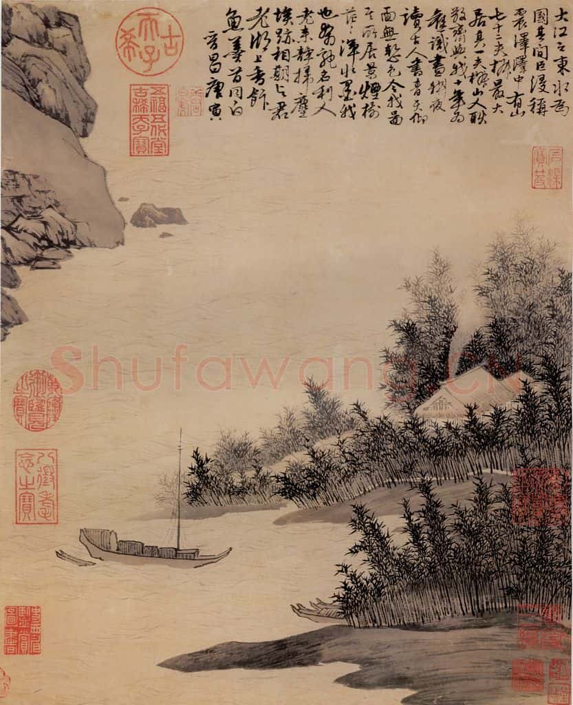 明 唐寅《震泽烟树》书画作品