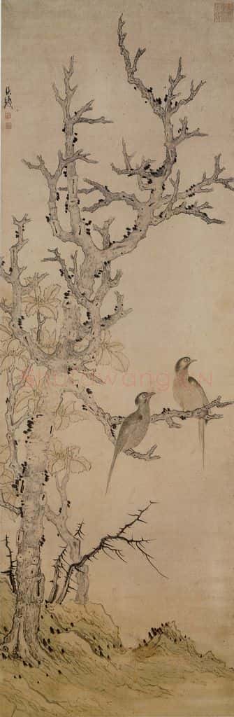 明 陈洪绶《古木双鸠图》书画作品