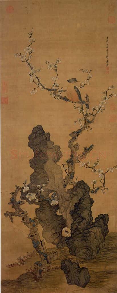 明 陈洪绶《画梅花山鸟》书画作品