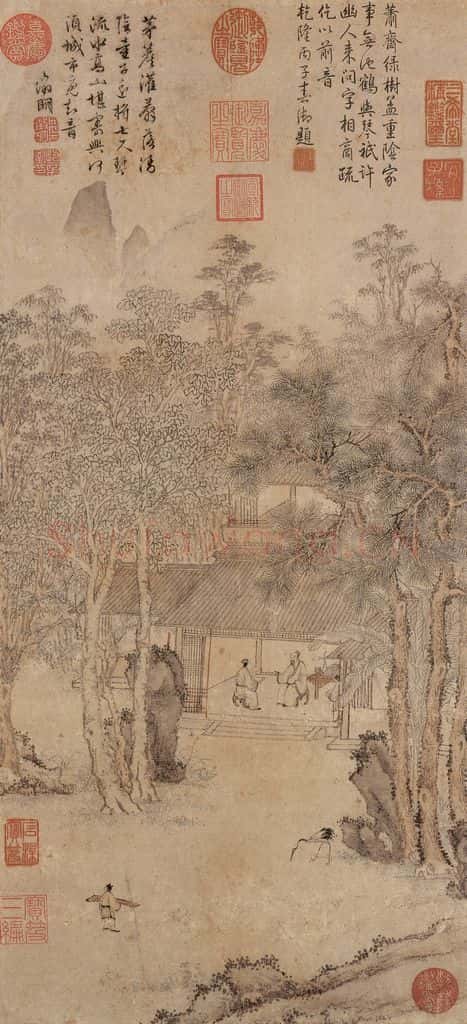 明 文徵明《琴鹤图清高宗御题》书画作品