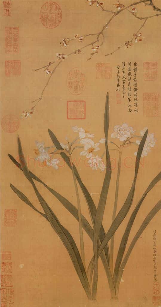 明 仇英《水仙蠟梅》书画作品