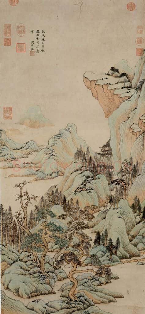 清 王鉴《仿赵孟頫茂林萧寺图》书画作品